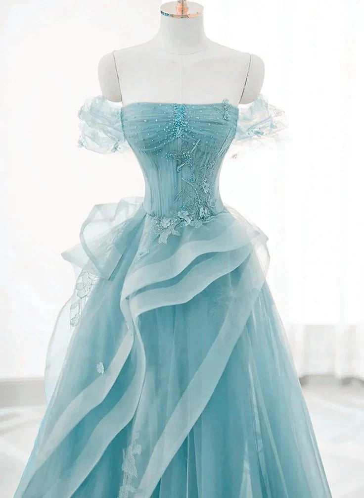 Turquoise Tulle Ball Gown Off The Shoulder Sweetheart Neck Short Puff Sleeve Beaded Floor Length Formal Evening Prom Dress