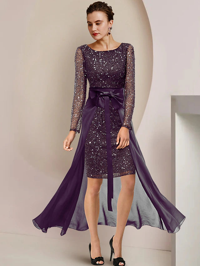 Front view of a two-piece sheath Mother of the Bride dress with scoop neck, long sleeves, and sequin details.