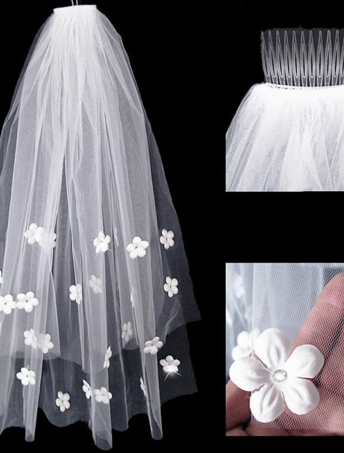 Detailed view of the delicate floral beadwork on the wedding veil.