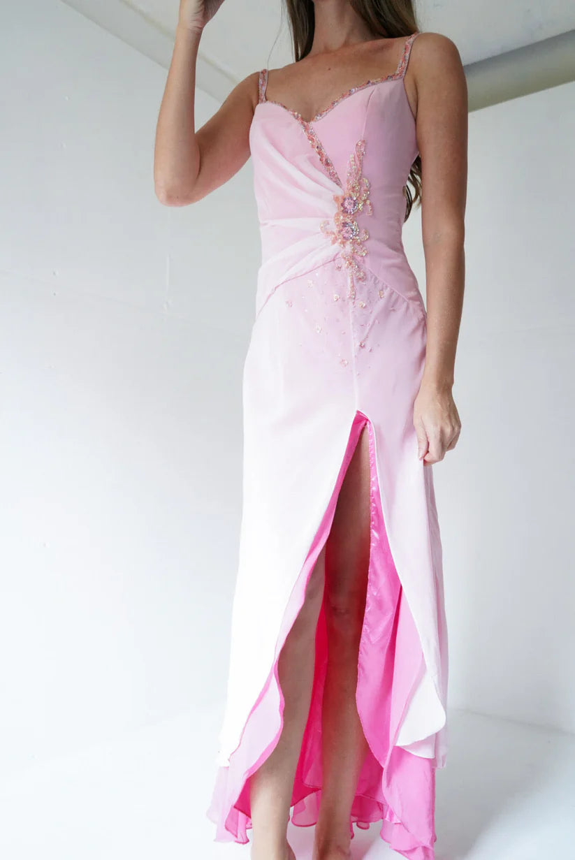 Two-Tone Pink Beaded Embellished Cutout Spaghetti Strap Chiffon Evening Dress