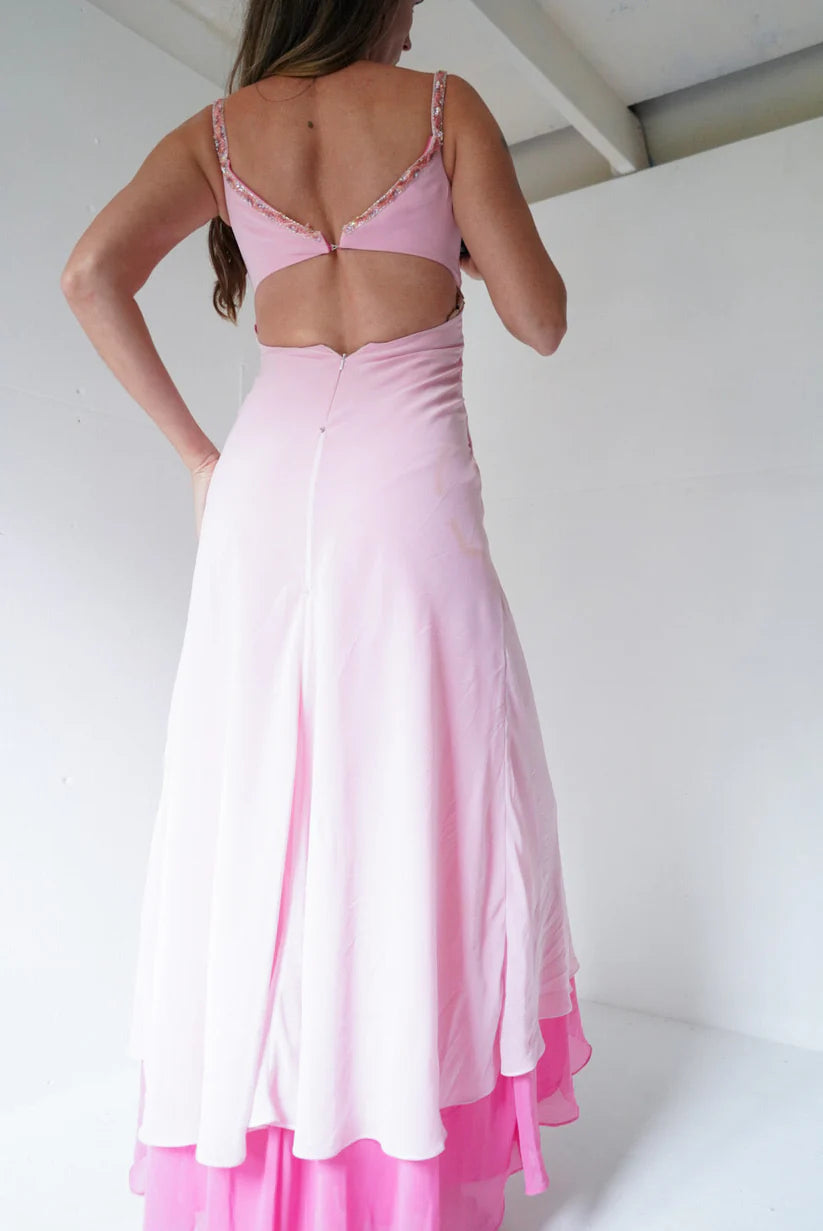 Two-Tone Pink Beaded Embellished Cutout Spaghetti Strap Chiffon Evening Dress