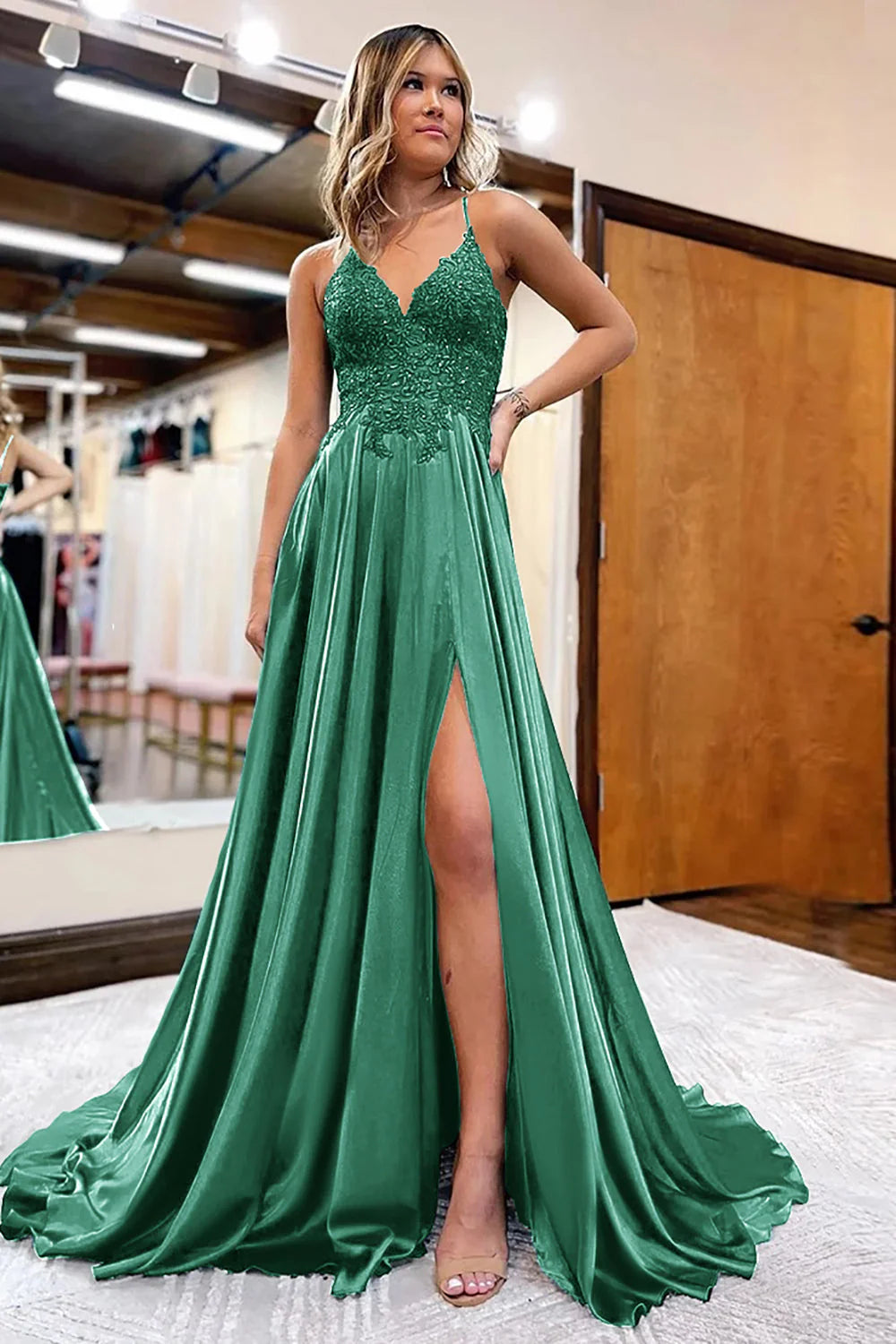 A-Line Appliques Satin Prom Dress with Slit