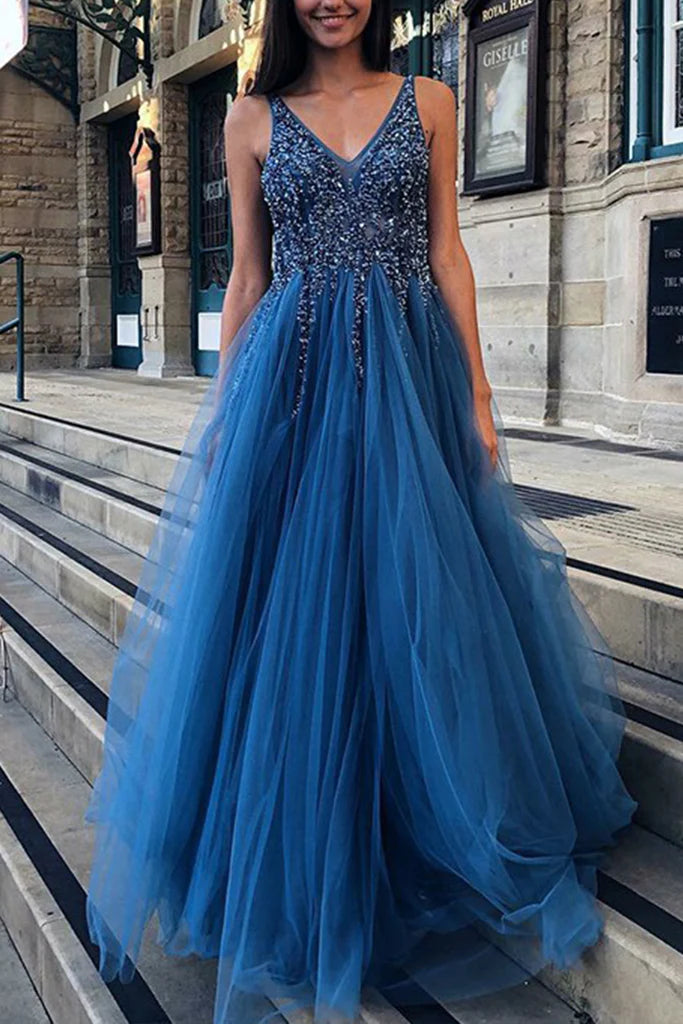 Träger V-Ausschnitt mit Perlenbesatz Langes Ballkleid Formelles Abendkleid