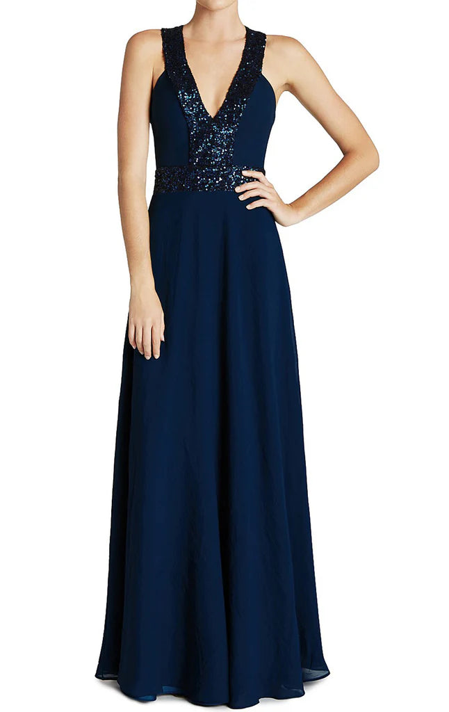 Träger V-Ausschnitt Pailletten Chiffon Ballkleid Abendkleid