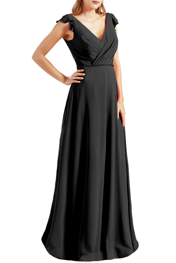 Ärmel V-Ausschnitt Chiffon Lange Brautjungfernkleider Abendkleid