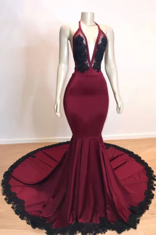 Mermaid V-neck Open Back Appliques Prom Dress