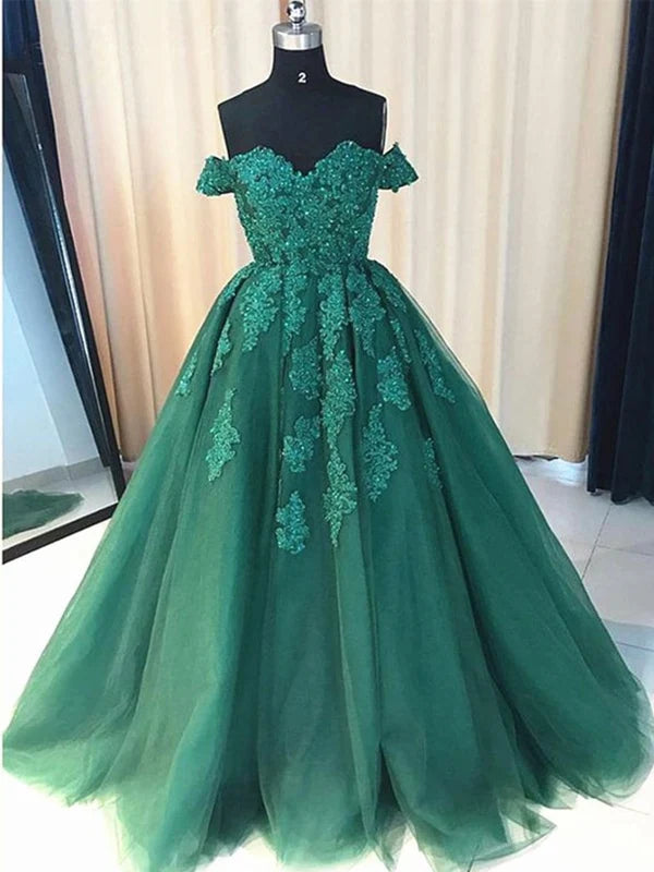 Off the Shoulder Beaded Lace Long Prom Dresses