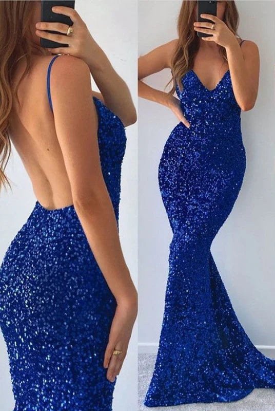 Mermaid V neck Sequins Prom Dress with Split