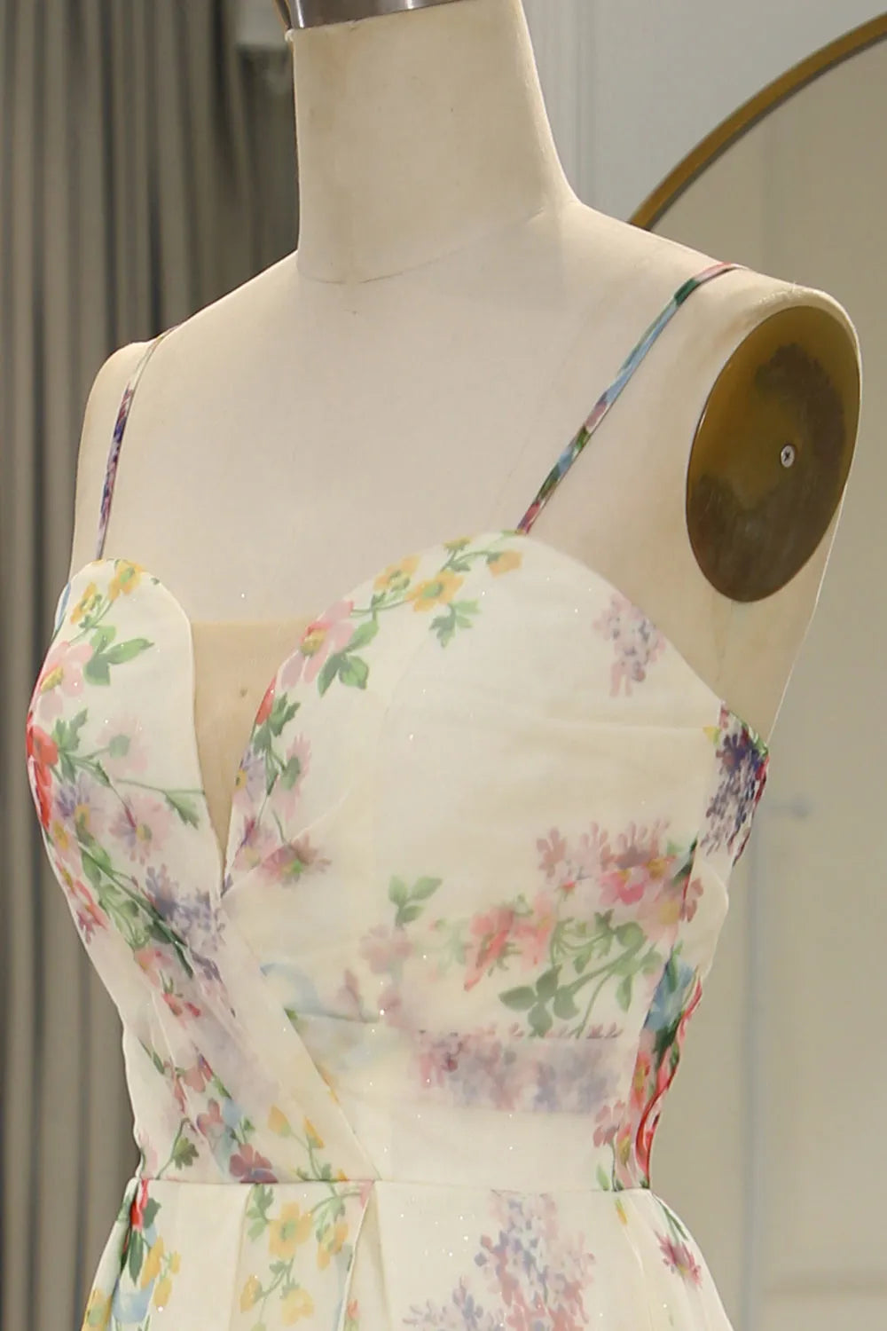 A-Line Print Flower Spaghetti Straps Back Long Prom Dress With Split