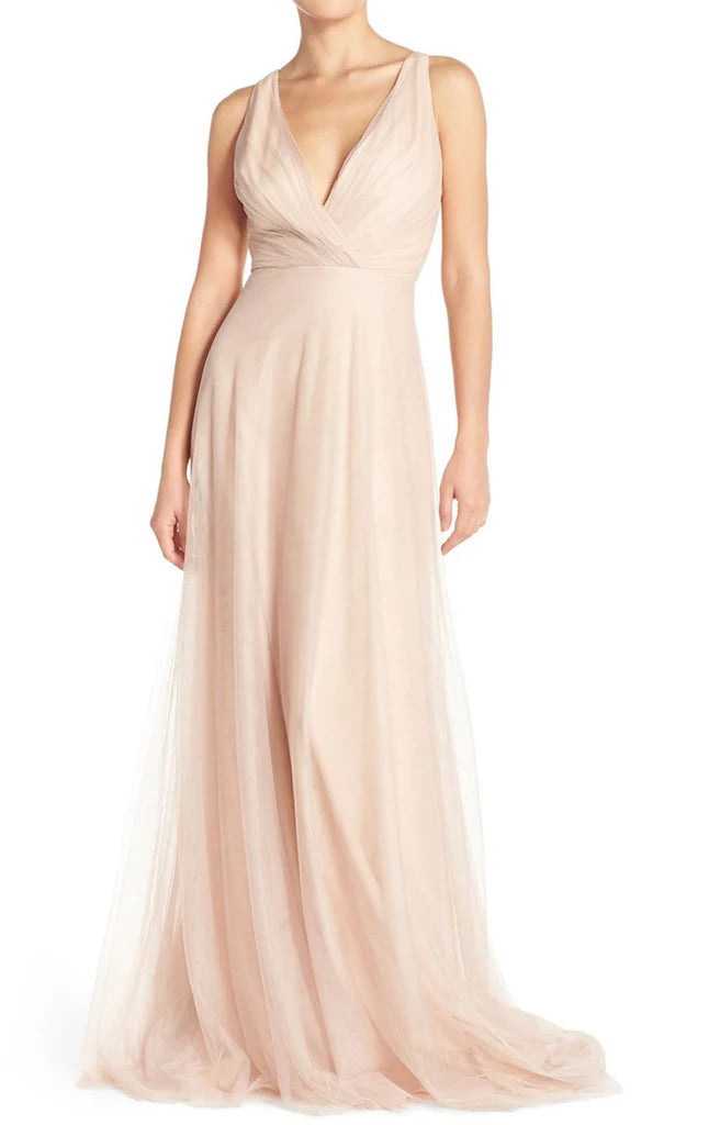 A Line V Neck Tulle Long Bridesmaid Dress Simple Prom Gown