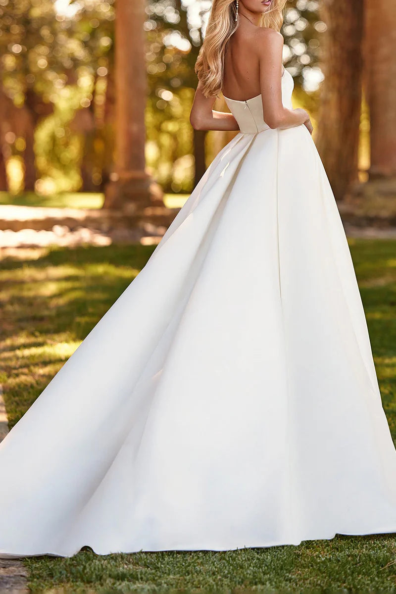 A-Line Simple One Shoulder Side Slit Satin Wedding Dress