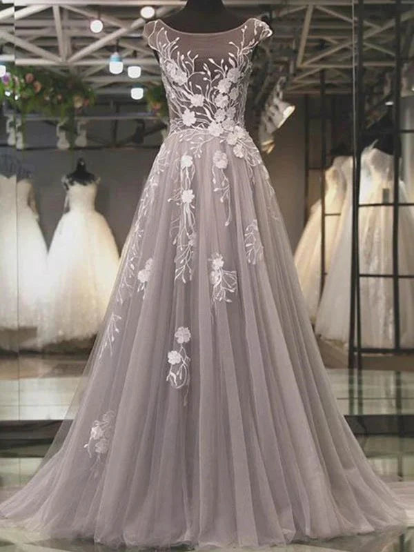 Round Neck Backless Lace Floral Long Prom Dresses