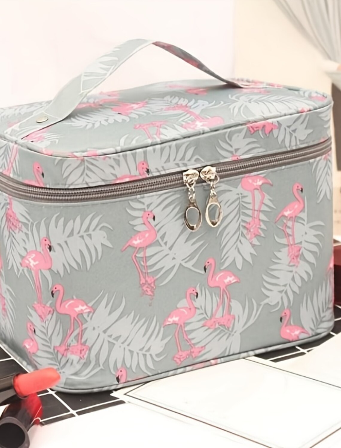 Pink cherry pattern polyester cosmetic bag.