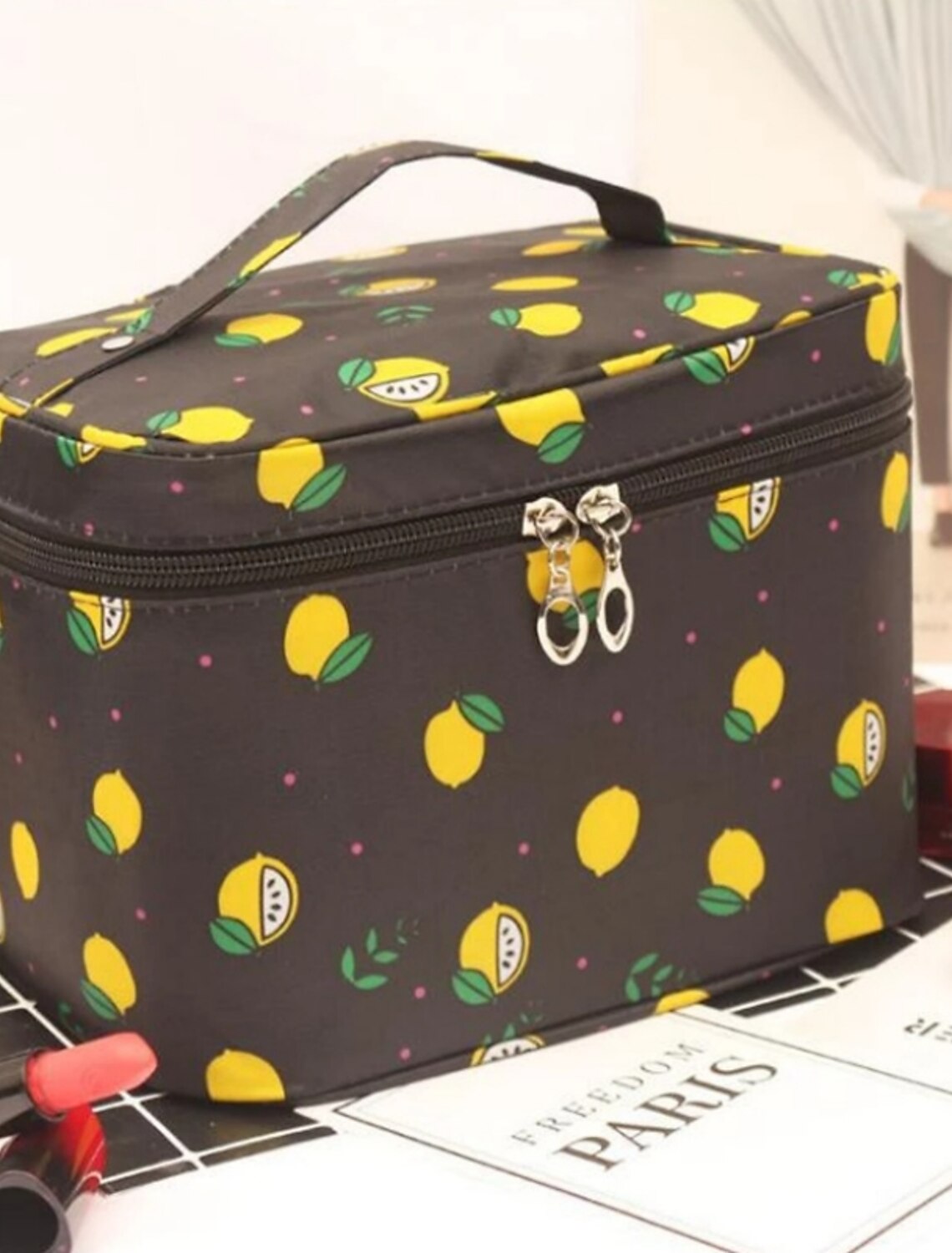 Open blue star cosmetic bag showing interior.