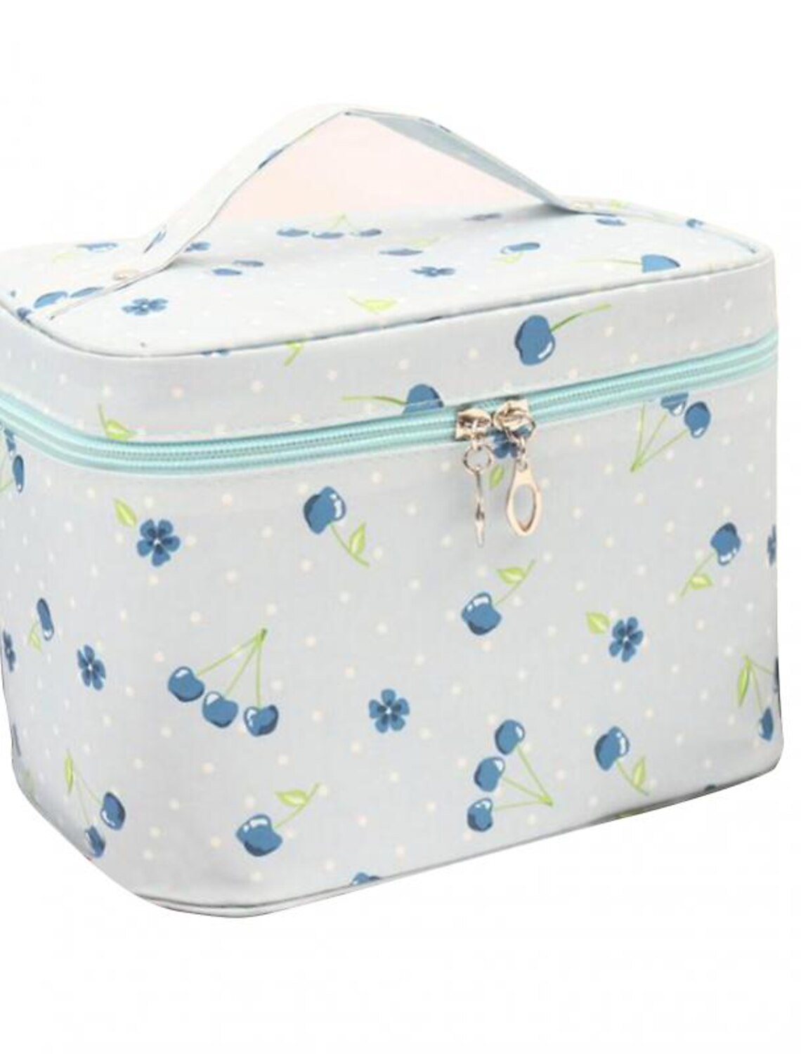 Front view of pink cherry polyester cosmetic bag.