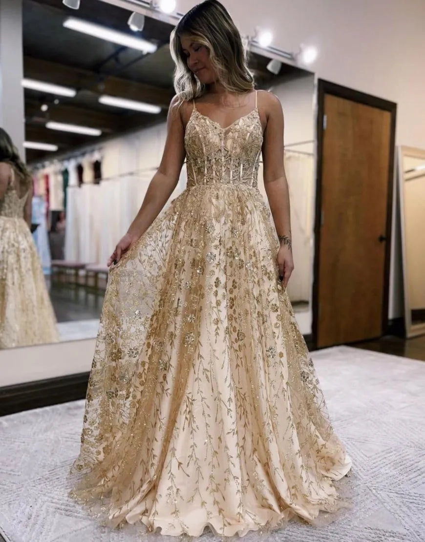 A-Line Spaghetti Straps Prom Dress With Appliques