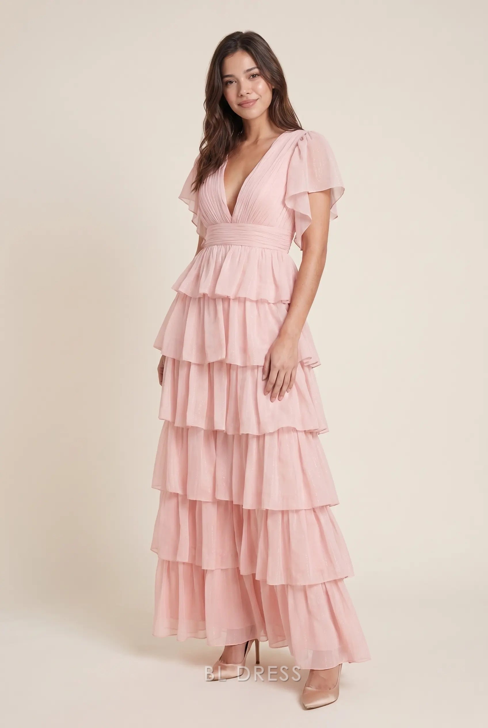 V Neck Flutter Sleeve Pleated Waist Tiered Ruffle Floor Length Chiffon Prom Dress