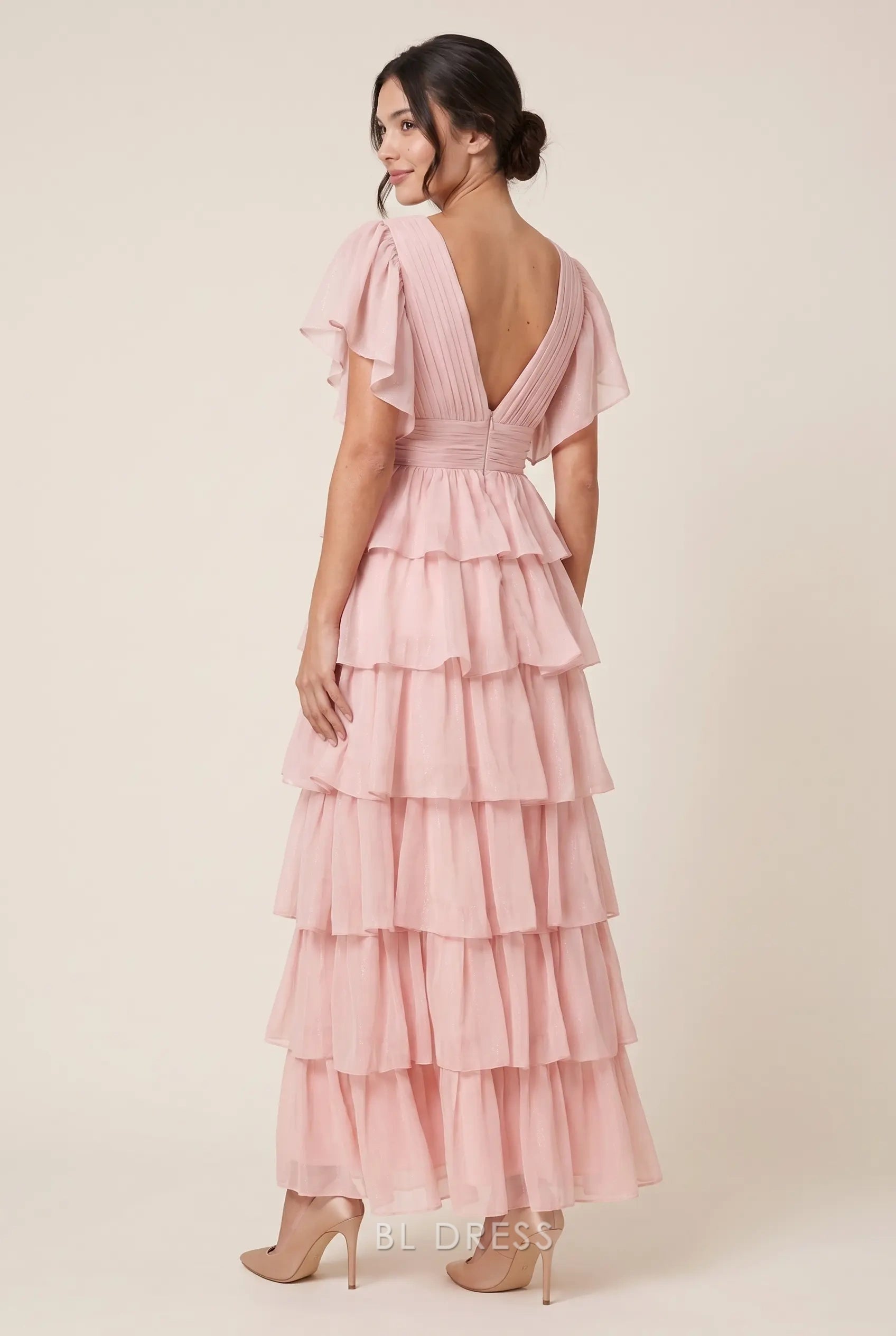 V Neck Flutter Sleeve Pleated Waist Tiered Ruffle Floor Length Chiffon Prom Dress