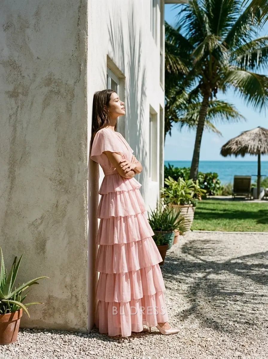 V Neck Flutter Sleeve Pleated Waist Tiered Ruffle Floor Length Chiffon Prom Dress