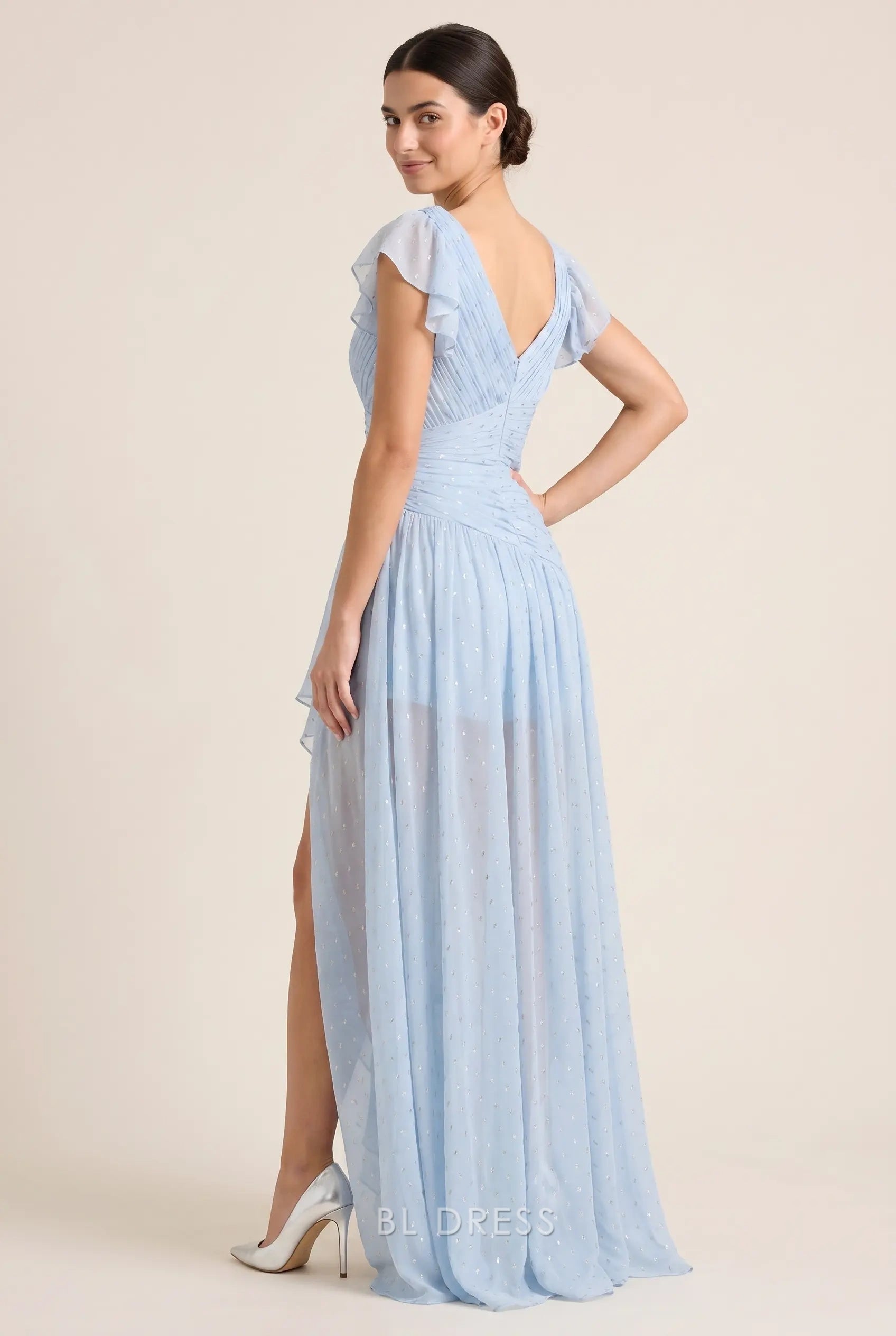 V Neck Flutter Sleeve Ruched Waist Asymmetrical High Slit Glitter Chiffon Floor Length Prom Dress