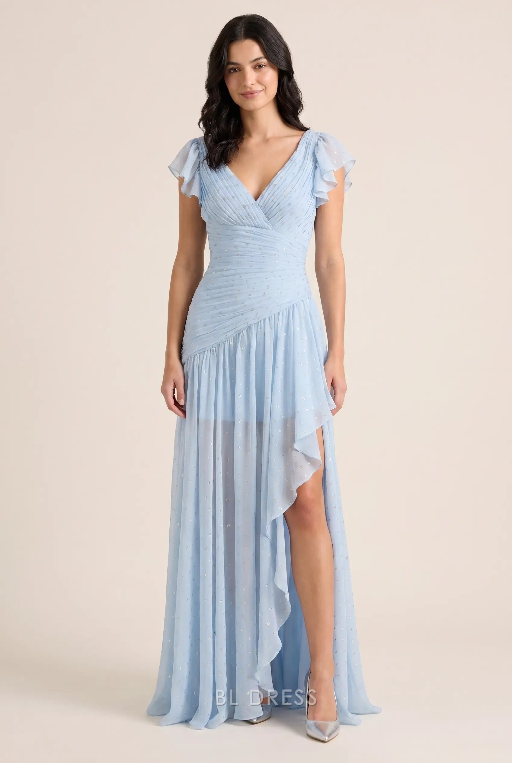 V Neck Flutter Sleeve Ruched Waist Asymmetrical High Slit Glitter Chiffon Floor Length Prom Dress