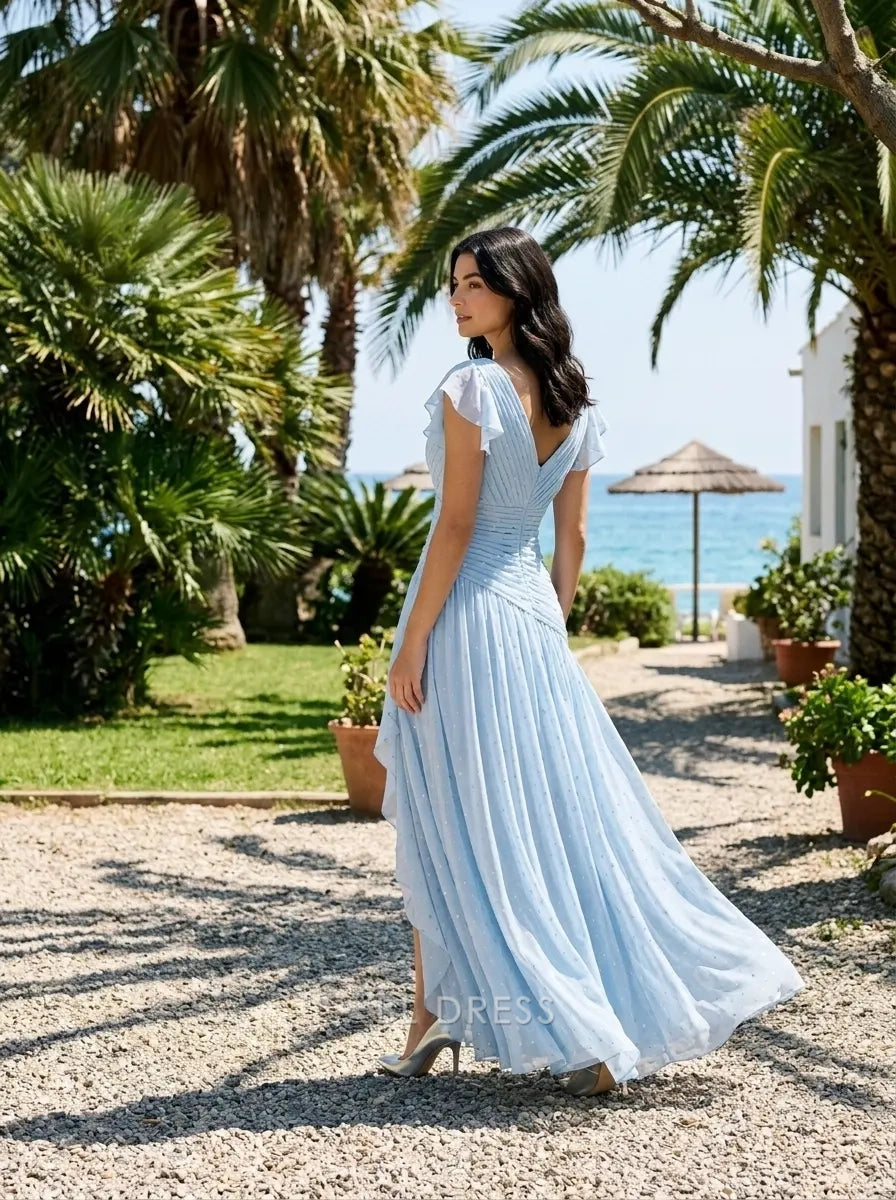 V Neck Flutter Sleeve Ruched Waist Asymmetrical High Slit Glitter Chiffon Floor Length Prom Dress