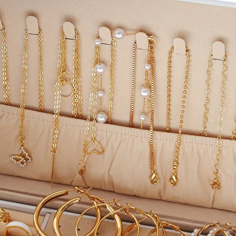 Close-up of various earrings and rings from the jewelry collection.
