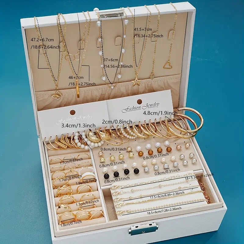 Jewelry set showcasing different styles of earrings and rings.