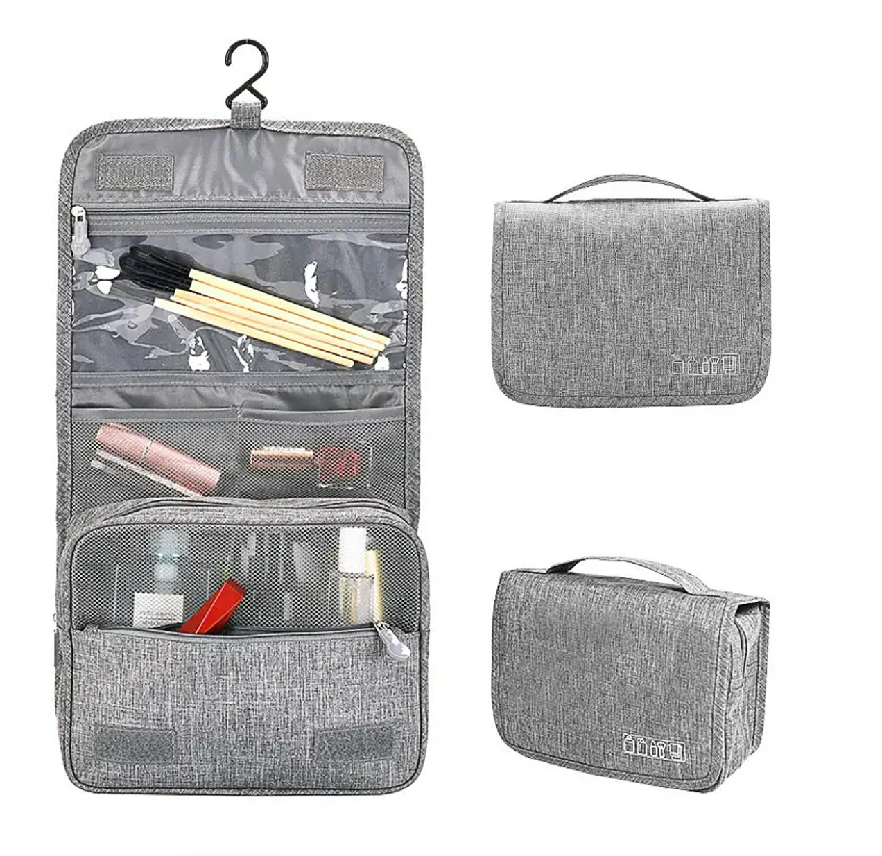 Folded hanging travel toiletry bag with a hook, showing multiple compartments.
