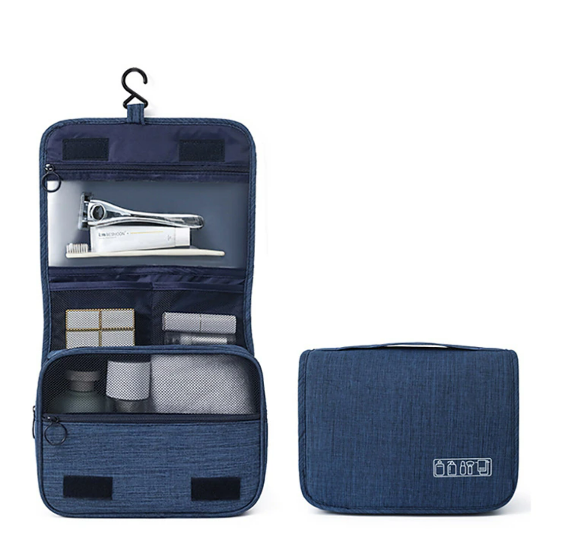 Open hanging travel toiletry bag displaying various mesh and zippered pockets.