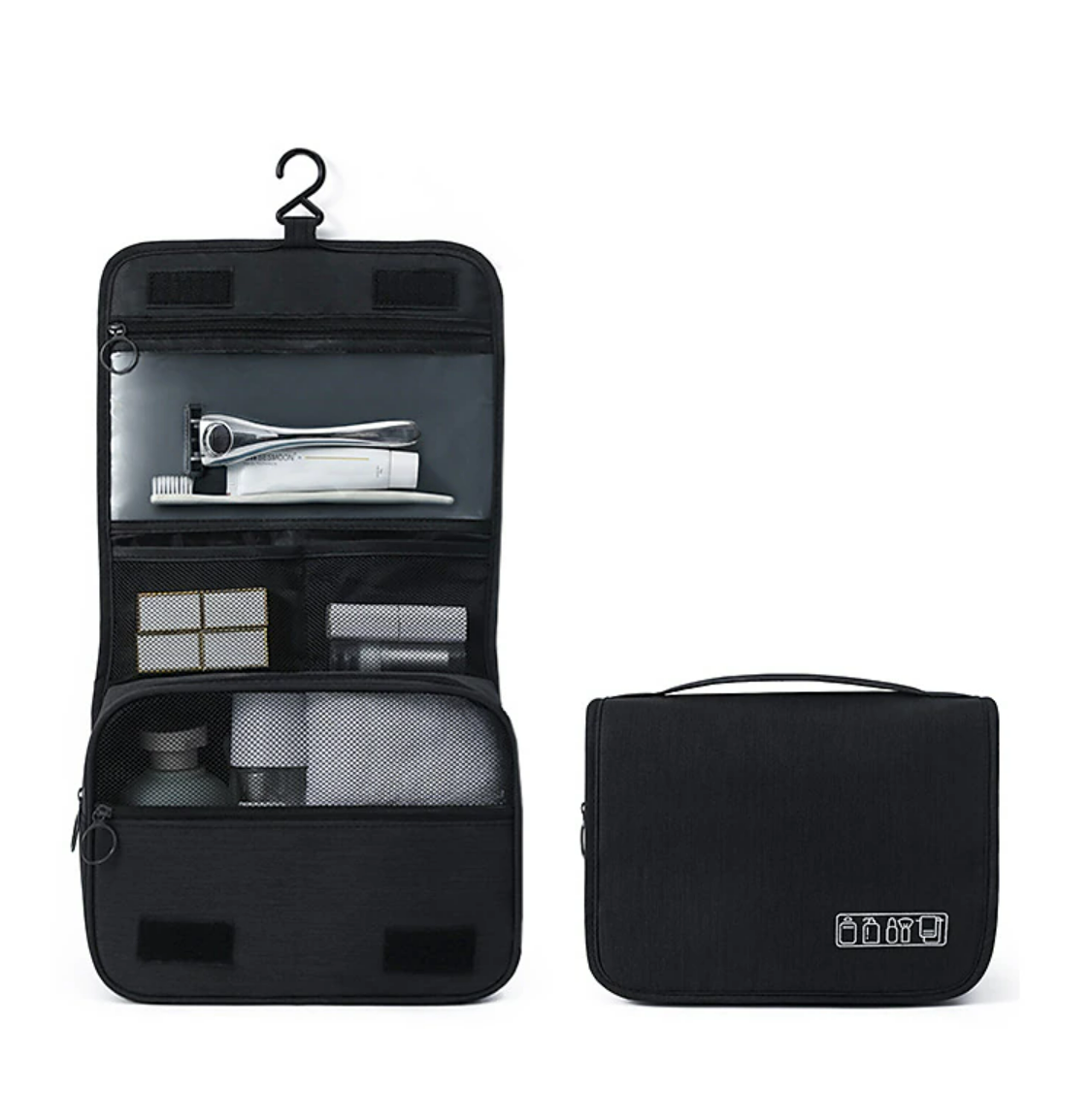 Hanging toiletry bag filled with travel-sized cosmetic and bath products.