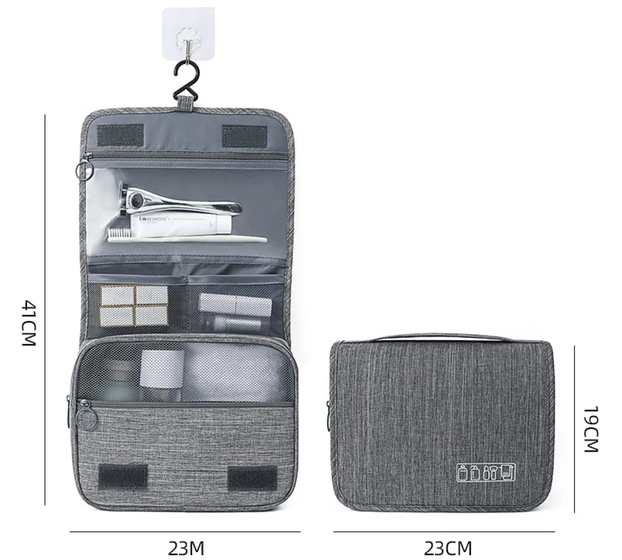 Side view of the hanging travel organizer bag, showcasing its compact design.