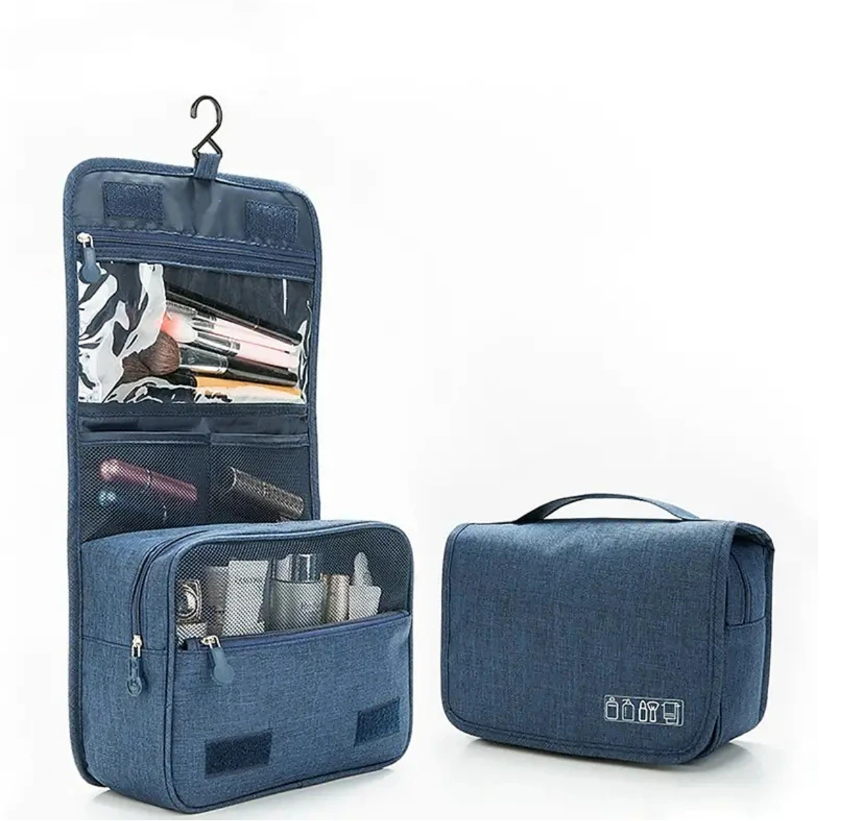 Interior view of the cosmetic organizer bag with items neatly arranged.