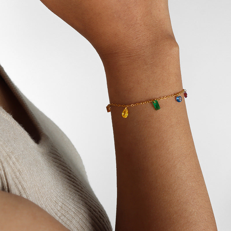 Close-up of vibrant multi-color zircon bracelet.