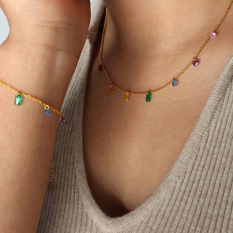 Close-up of dazzling multi-color zircon necklace.