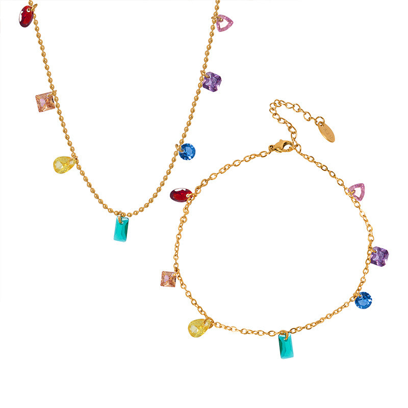 Bohemian style multi-color zircon jewelry set on display.