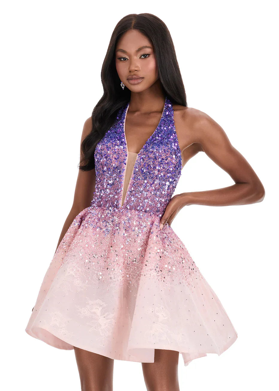 Model wearing a vibrant orange-to-red gradient sequin halter sweetheart A-line mini homecoming dress.