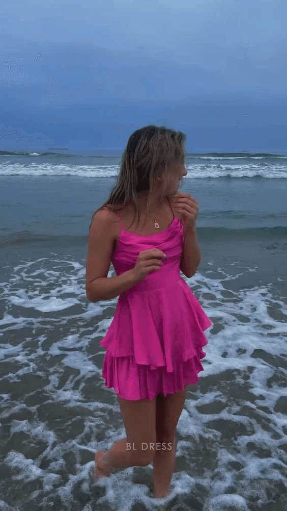 Vibrant A-Line Cowl Neck Sleeveless Ruffled Tiered Hot Pink Mini Homecoming Dress