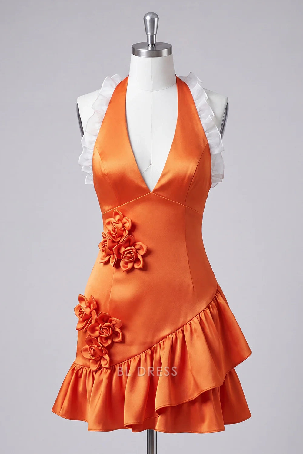 Vibrant A-Line Halter Sleeveless Ruffled Floral Orange Short Homecoming Dress