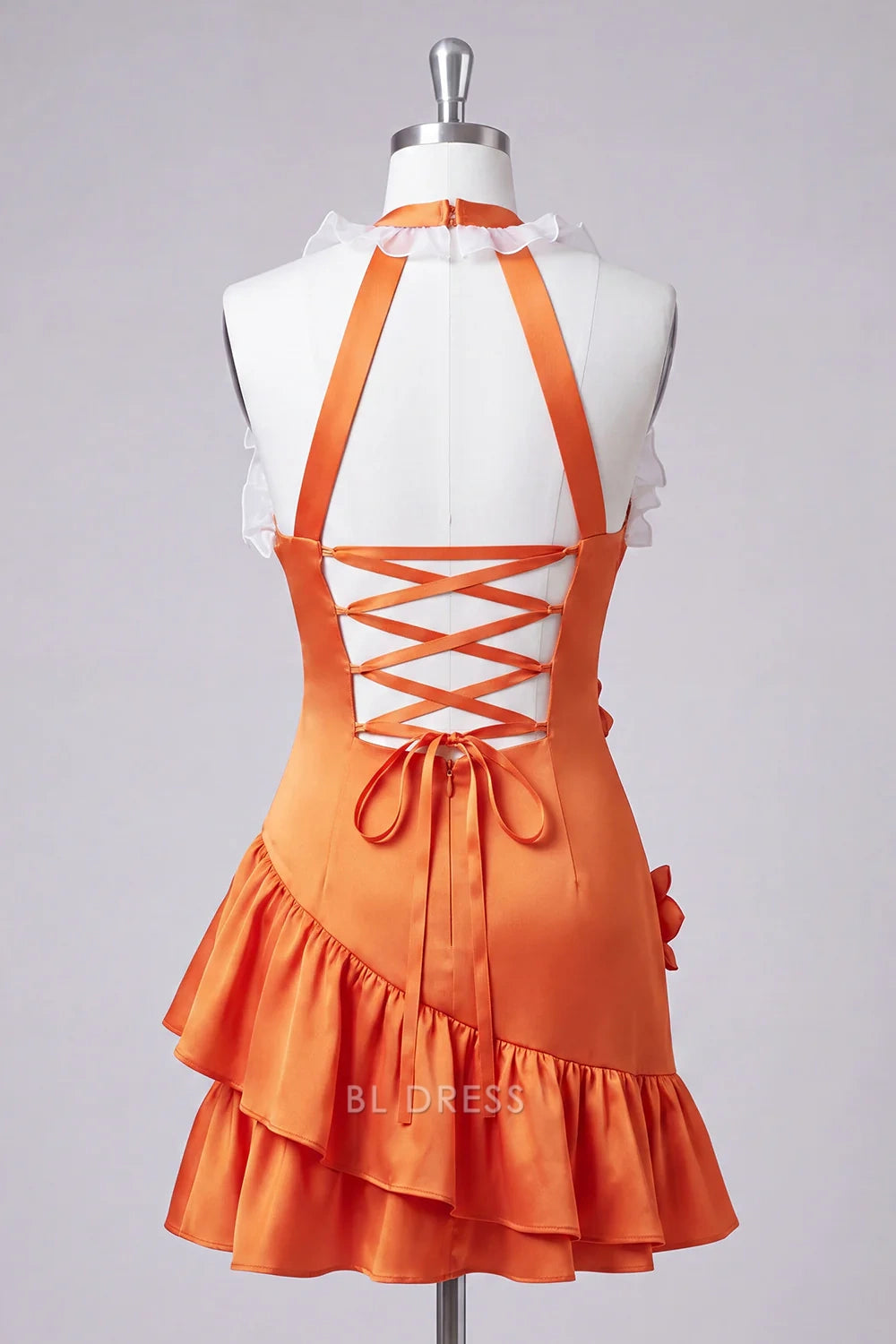 Vibrant A-Line Halter Sleeveless Ruffled Floral Orange Short Homecoming Dress