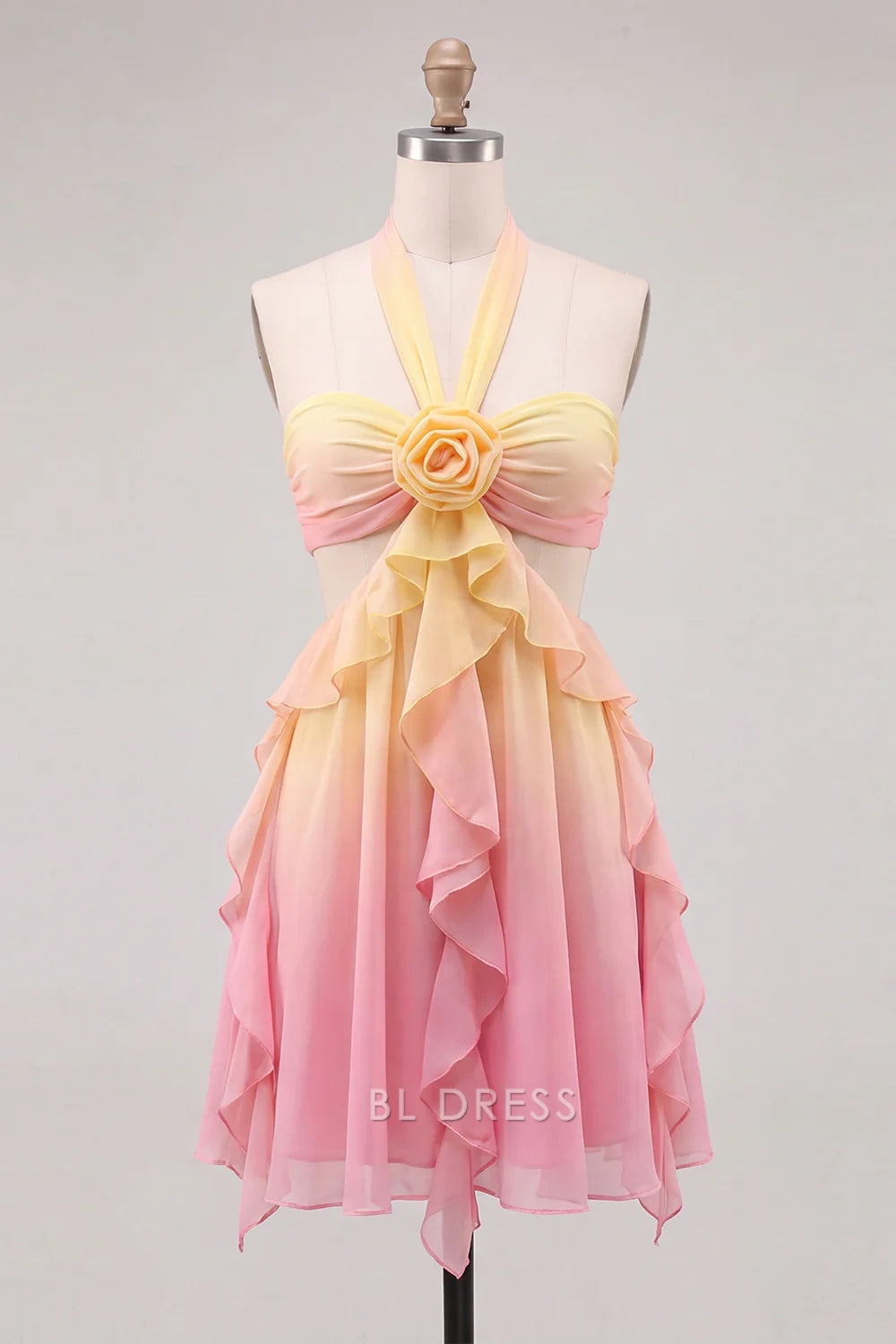 Vibrant A-Line Halter Sleeveless Ruffled Ombre Yellow Pink Short Homecoming Dress