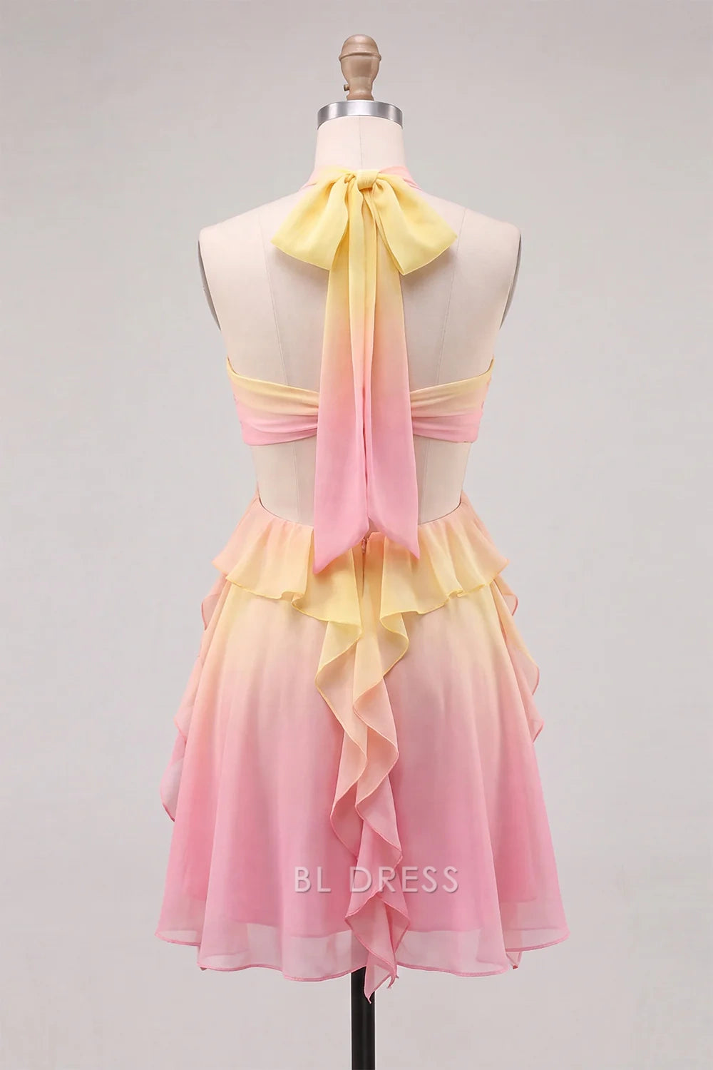 Vibrant A-Line Halter Sleeveless Ruffled Ombre Yellow Pink Short Homecoming Dress