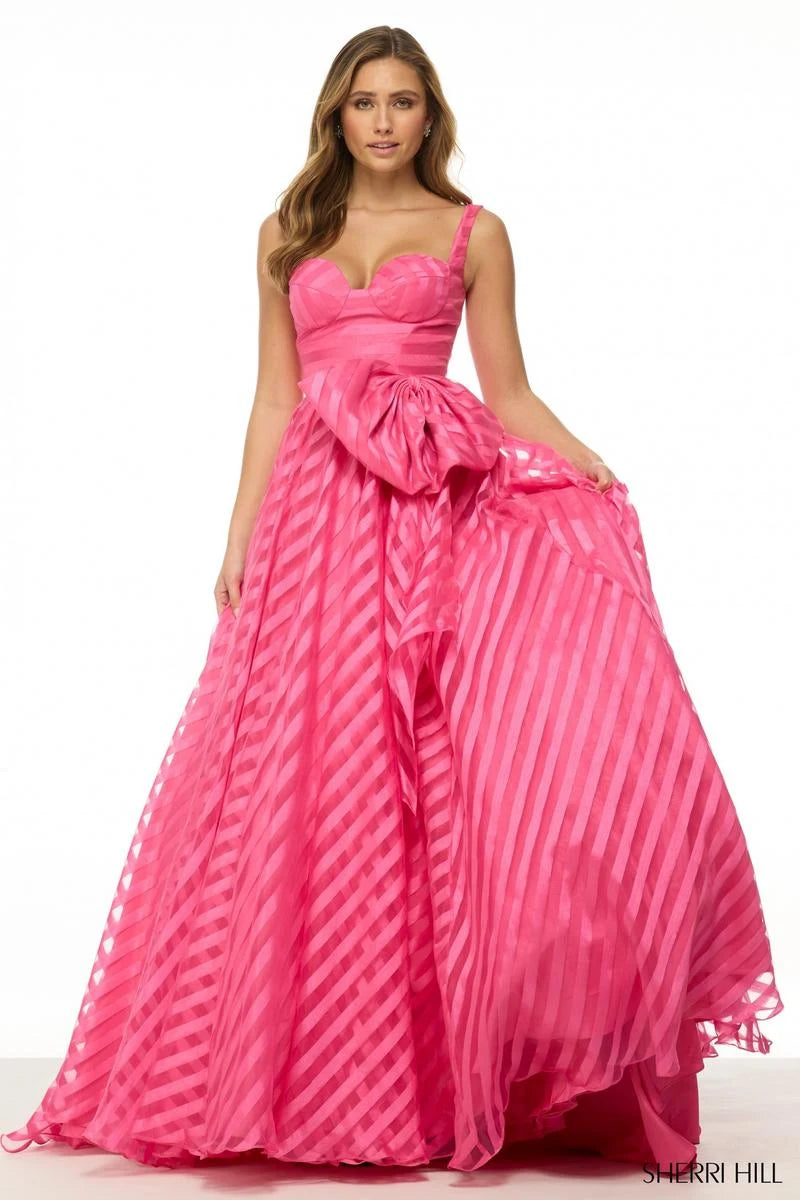 Vibrant A-Line Sweetheart Sleeveless Bow-Accent Striped Hot Pink Floor-Length Prom Gown