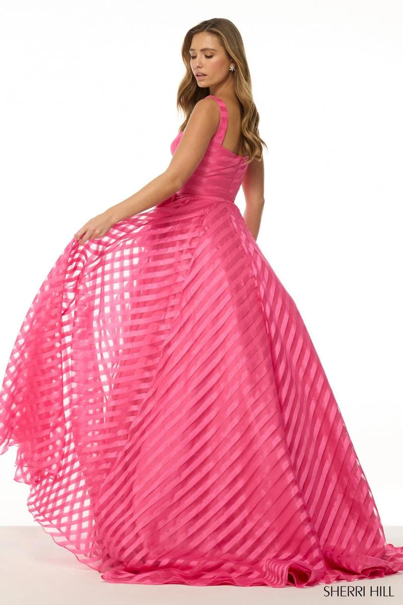 Vibrant A-Line Sweetheart Sleeveless Bow-Accent Striped Hot Pink Floor-Length Prom Gown