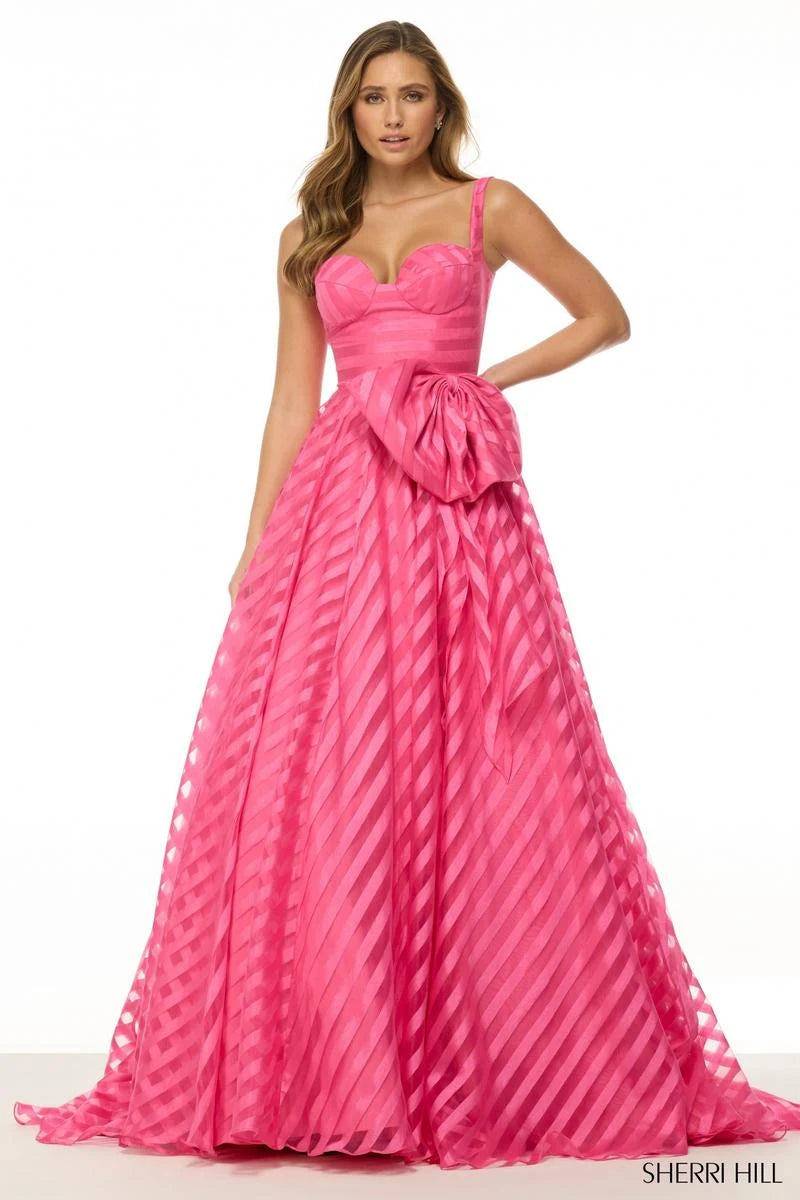 Vibrant A-Line Sweetheart Sleeveless Bow-Accent Striped Hot Pink Floor-Length Prom Gown