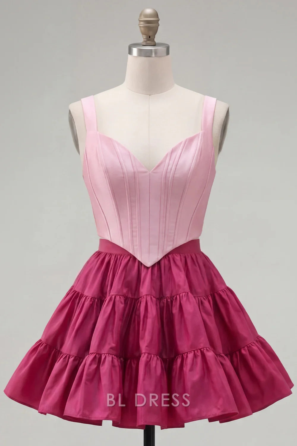 Vibrant A-Line Sweetheart Sleeveless Tiered Ruffle Two-Tone Pink Short Homecoming Dress