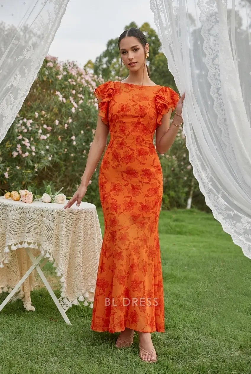 Vibrant Mermaid Boat Neck Ruffled Cap Sleeves Floral Orange Floor-Length Prom Dress