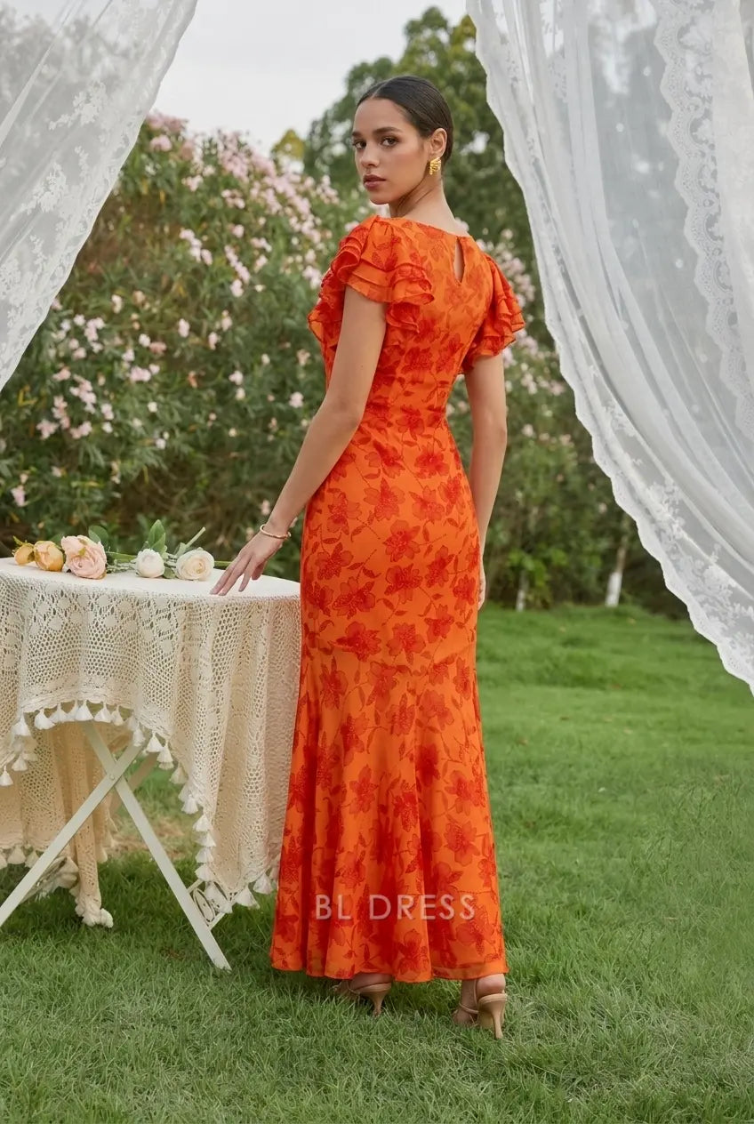 Vibrant Mermaid Boat Neck Ruffled Cap Sleeves Floral Orange Floor-Length Prom Dress