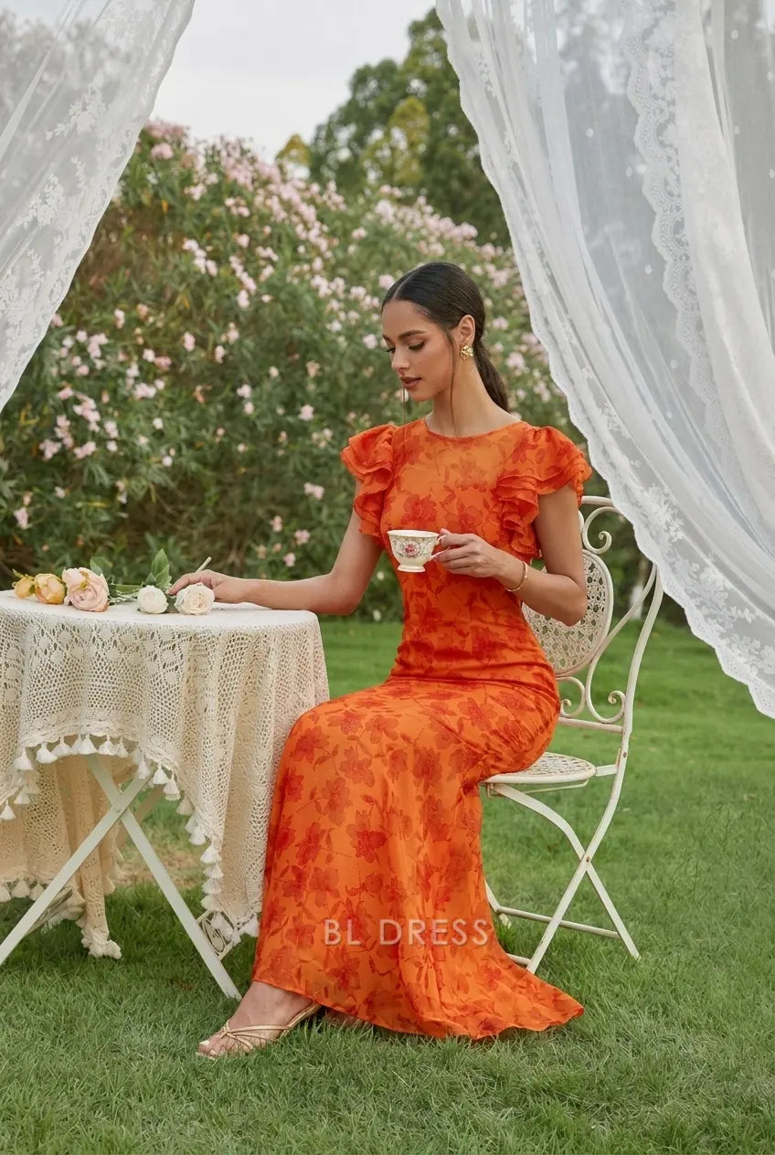 Vibrant Mermaid Boat Neck Ruffled Cap Sleeves Floral Orange Floor-Length Prom Dress