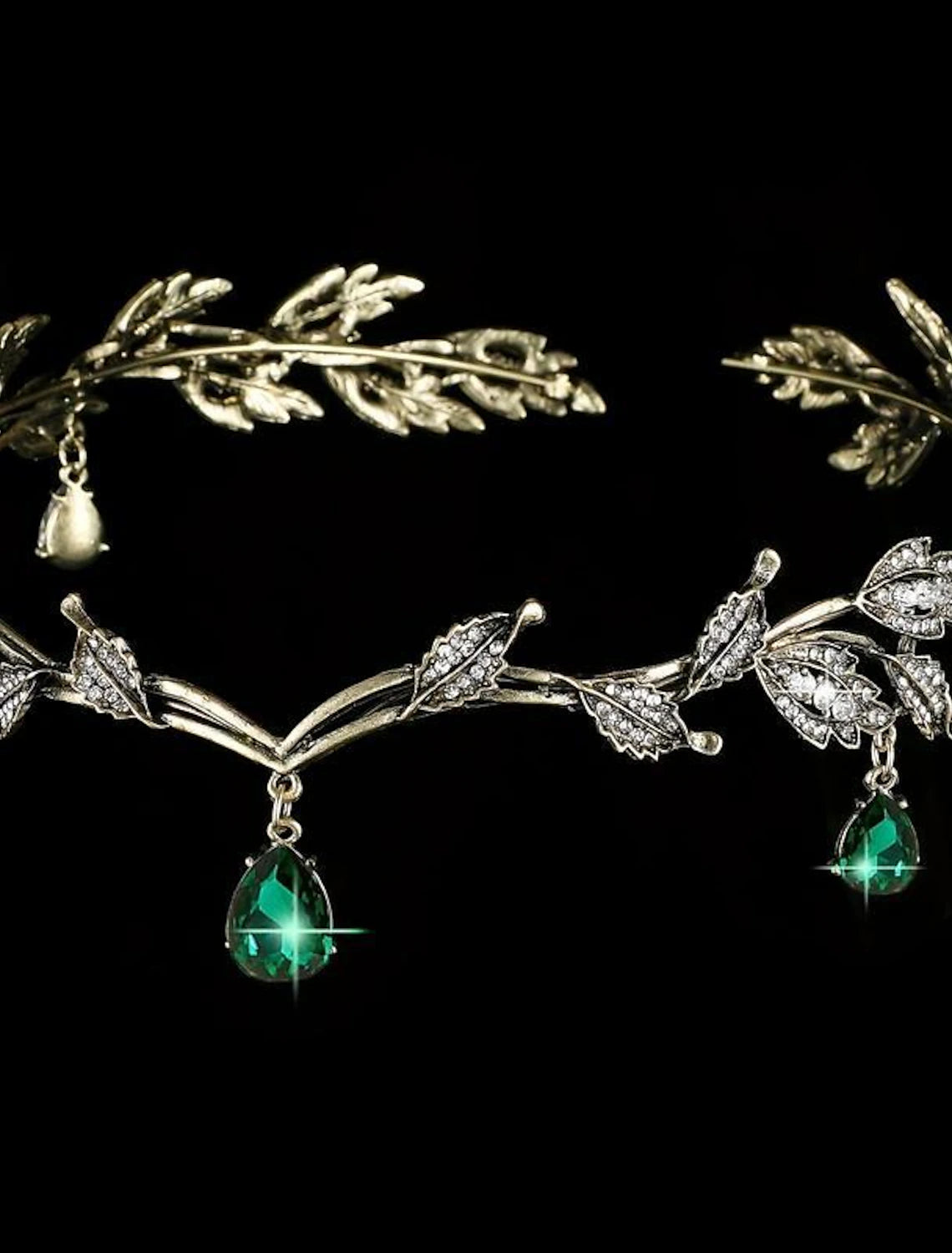 Woman wearing a Victorian leaf crown tiara with rhinestones.